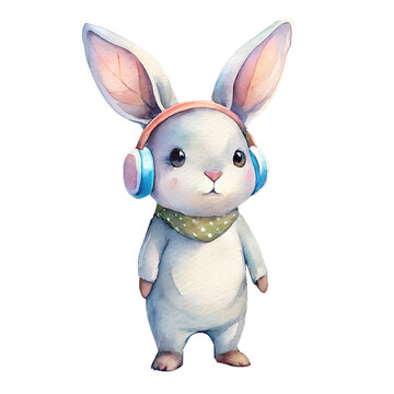 recommend clip art: Watercolor Clipart of bunny, wearing headphones.