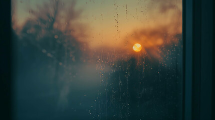 Window with raindrops and a view of the setting sun.