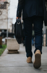 Naklejka premium Close-up of a professional man's legs walking outside, carrying a leather briefcase in an urban setting.