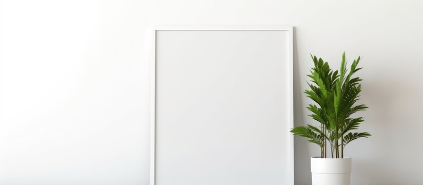 A rectangle picture frame hangs on a white wall next to a potted terrestrial plant. The frame is made of wood and glass, showcasing art with tints and shades. A font tree is visible in the background