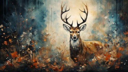 Stag in Autumnal Watercolor Forest. Wildlife Illustration ,  Watercolor , Painting , Luxury wall art .