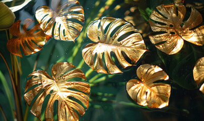 golden sunlight on monstera leaves floating in water with reflections