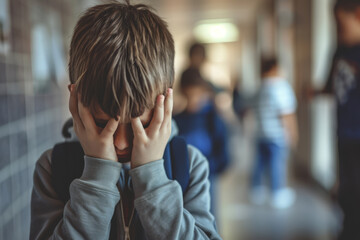 Upset boy covered his face with hands standing alone in school corridor. Education difficulties, bullying in school