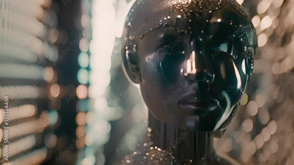 Poster robot head facing cityscape generative ai