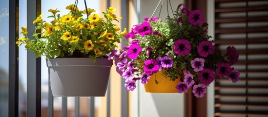 Fototapeta na wymiar Two flower pots, one containing sunlit purple and hot pink terry petunias and the other yellow gazanias, hang from a window railing.