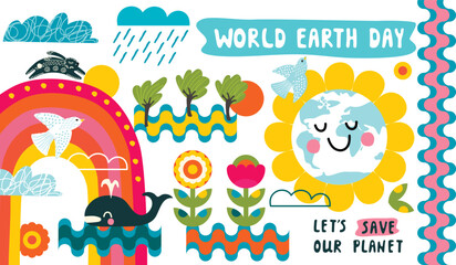 Fototapeta premium World Earth Day banner with cartoon globe, birds, whale, hare , rainbow, whale, flowers, trees and clouds.Colorful background with handwritten and abstract shapes.Lets save our planet poster.