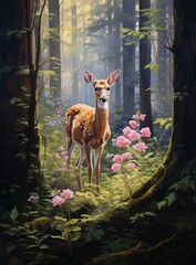 deer stands in the woods surrounded by flowers and leaves