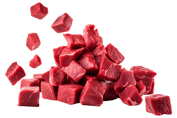 Sliced Falling meat beef cubes PNG in motion isolated on a white and transparent background - Sandwiches Restaurant barbecue ribs Food Cooking Menu Advertising