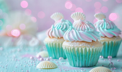 pastel mermaid themed cupcakes with shell decorations and bokeh lights