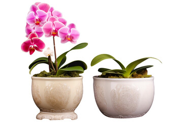 Realistic flowering growing orchids in various pots PNG isolated on a white and transparent background - orchid houseplants potting care tropical gardening concept - obrazy, fototapety, plakaty
