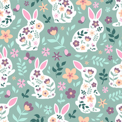 Happy Easter seamless pattern with silhouettes of bunnies and wildflowers. Hand-drawn vector texture.