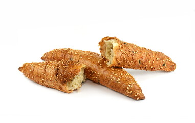 Salty croissant pastry with olives isolated on white background