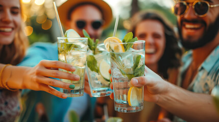 Happy friends having fun drinking mojito cocktails on happy hour