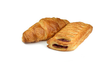 Puff pastry filled with jam and croissant isolated on white background.
