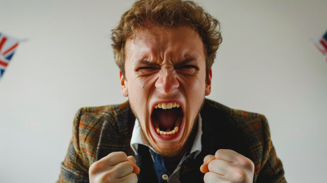 A Man Is Yelling And Throwing His Hands Up In The Air. He Is Angry And Frustrated. Concept Of Intense Emotion And Unrest. The Man's Face Is Red And Angry. Annoying Person, White Background