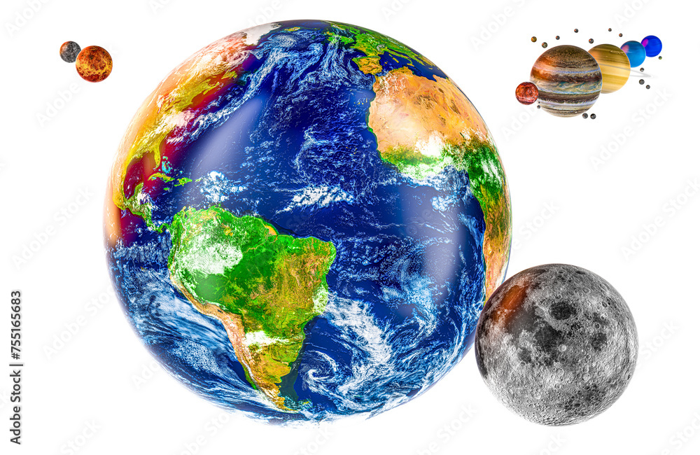 Poster earth with moon. planets of the solar system, 3d rendering isolated on transparent background