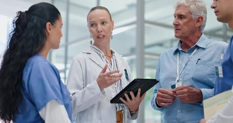 Tablet, discussion and group of doctors in hospital for collaboration on medical diagnosis. Conversation, career and team of professional healthcare workers with digital technology in medicare clinic - Powered by Adobe
