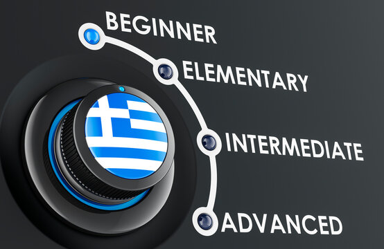 Greek levels, learning and improvement Greek language, concept with scale knob. 3D rendering