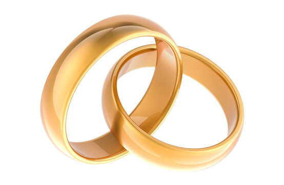 Golden wedding rings his and hers matching set, 3D rendering isolated on transparent background