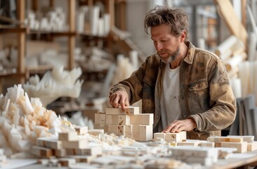 A man is sitting at a table working on an art project of a city, sharing his passion for visual arts and history through painting and modelmaking