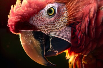 A parrot displays its beak in photorealistic detail against a sky pink by the setting sun. Close-up of a parrot under the magical touch of the twilight sun in tonal reproduction. - obrazy, fototapety, plakaty