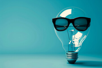 A light bulb with sunglasses on top of it. The image has a fun and playful mood, as it combines a common object with a more unconventional accessory. bulb wearing Sunglasses and thinking deeply - obrazy, fototapety, plakaty