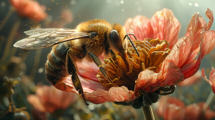 A high-definition view of a bee pollinating a flower - obrazy, fototapety, plakaty