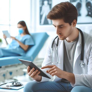 patient and doctor diagnosing diseases on blurred hospital background