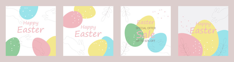Easter card set.Easter collection of abstract square templates in minimalist style with bunny,easter eggs and space for text. Vector illustrations for social media posts and stories, postcards,flyers.