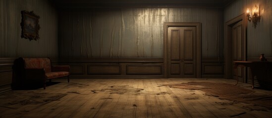 A dimly lit room is depicted with a lone chair positioned in the corner and a closed door on the opposite wall. The room appears empty and quiet, with a somber atmosphere.