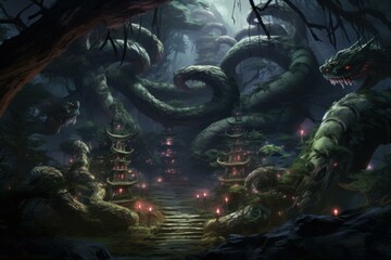Obraz premium Ancient Samurai serpent snake forest. Art tree. Generate Ai