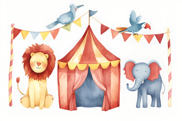 Animals elephant, lion and parrot on background stripes tent of circus for show and childish entertainment. Circus canopy performance. Watercolor illustration - obrazy, fototapety, plakaty