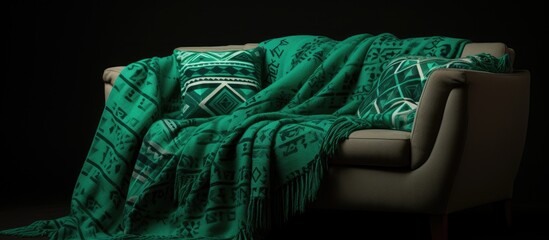 A green patterned blanket is neatly draped over a cozy Scandinavian style sofa, adding a touch of warmth and color to the room.
