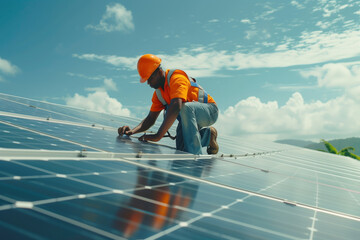 Worker installing solar panels on the roof - AI Generated - obrazy, fototapety, plakaty