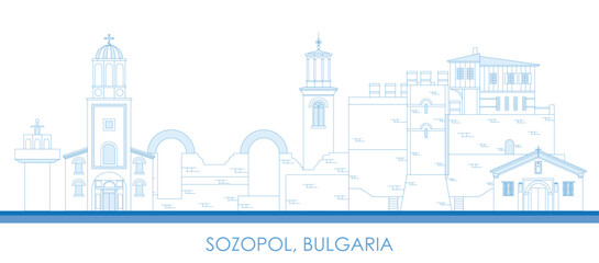 Outline Skyline panorama of town of Sozopol, Bulgaria - vector illustration - obrazy, fototapety, plakaty