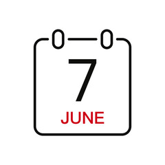 June 7 date on the calendar, vector line stroke icon for user interface. Calendar with date, vector illustration.