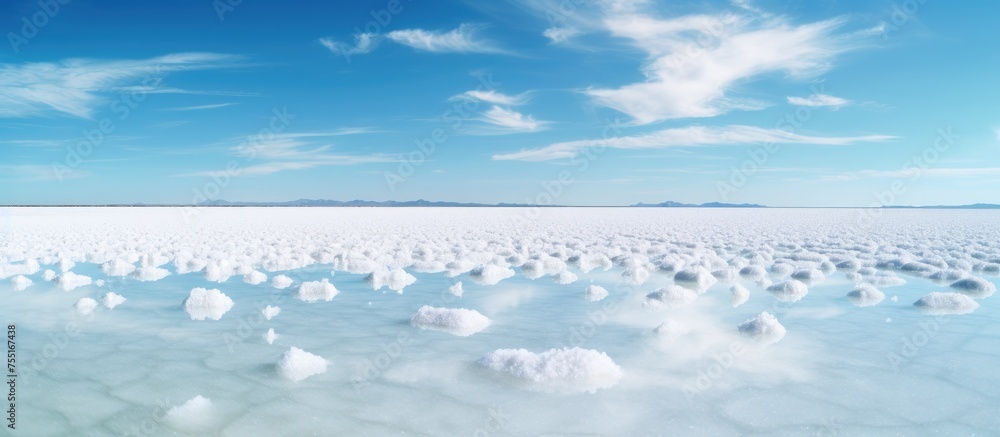 Poster a salt lake shimmers beneath a blue sky, creating a fluid and natural landscape. cumulus clouds drif