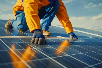Worker installing solar panels on the roof - AI Generated