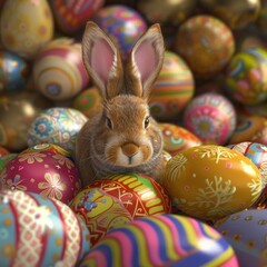Fototapeta na wymiar Adorable bunny amongst colorful easter eggs