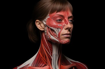 A realistic photograph of the female muscle system on the face and neck