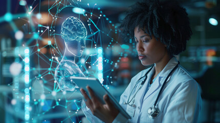 Inclusive image of an african american female medical scientist doctor using a smart tablet and digital technology in cutting edge advance research. AI holographic illustration. AI generated