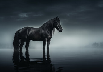 Obraz na płótnie Canvas black stallion with long mane run against dramatic sky in dust a dark horse stands in the water in a pond at sunset in the darkness and of fog light a racer runner stallion beautiful photo close shot