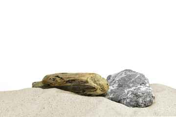 Fototapeta na wymiar Driftwood on sand isolated on white background. Piece of coastal weathered wood on sand dune.