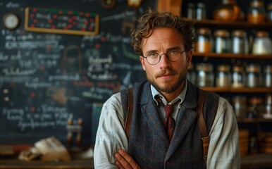 A man with glasses and facial hair, wearing a vest and a tie, is standing in front of a blackboard. He looks formal and gestures while talking about vision care at an event - obrazy, fototapety, plakaty