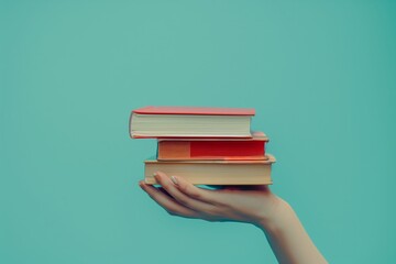 The persons hand is filled with a stack of books, showcasing a gesture of knowledge and art. The books are held securely with their thumb and wrist, against the electric blue backdrop - obrazy, fototapety, plakaty