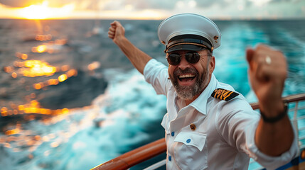 man in a white shirt and hat is smiling and waving on a boat. Scene is happy, joyful. cruise ship...