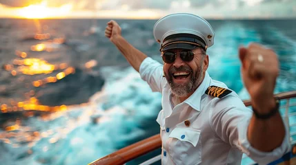Schilderijen op glas man in a white shirt and hat is smiling and waving on a boat. Scene is happy, joyful. cruise ship captain celebrating, smiling, giving an announcement on a cruise ship with majestic sea in background © Nataliia_Trushchenko
