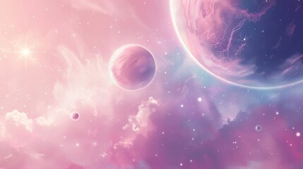 Dreamy cosmic landscape with pink and purple hues for celestial art. Fantasy space scene with planets and stars in pastel colors. Ethereal galaxy illustration with soft tones for peaceful ambiance.
