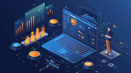 Digital analytics and data visualization with isometric character illustration. Futuristic data analysis concept art with 3D isometric design. Modern data science visualization in isometric graphic