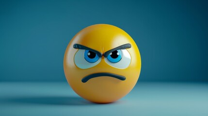 3D angry emoji representation on cool blue backdrop for emotional concept. Detailed digital artwork of an emoji with an angry expression on a blue background.